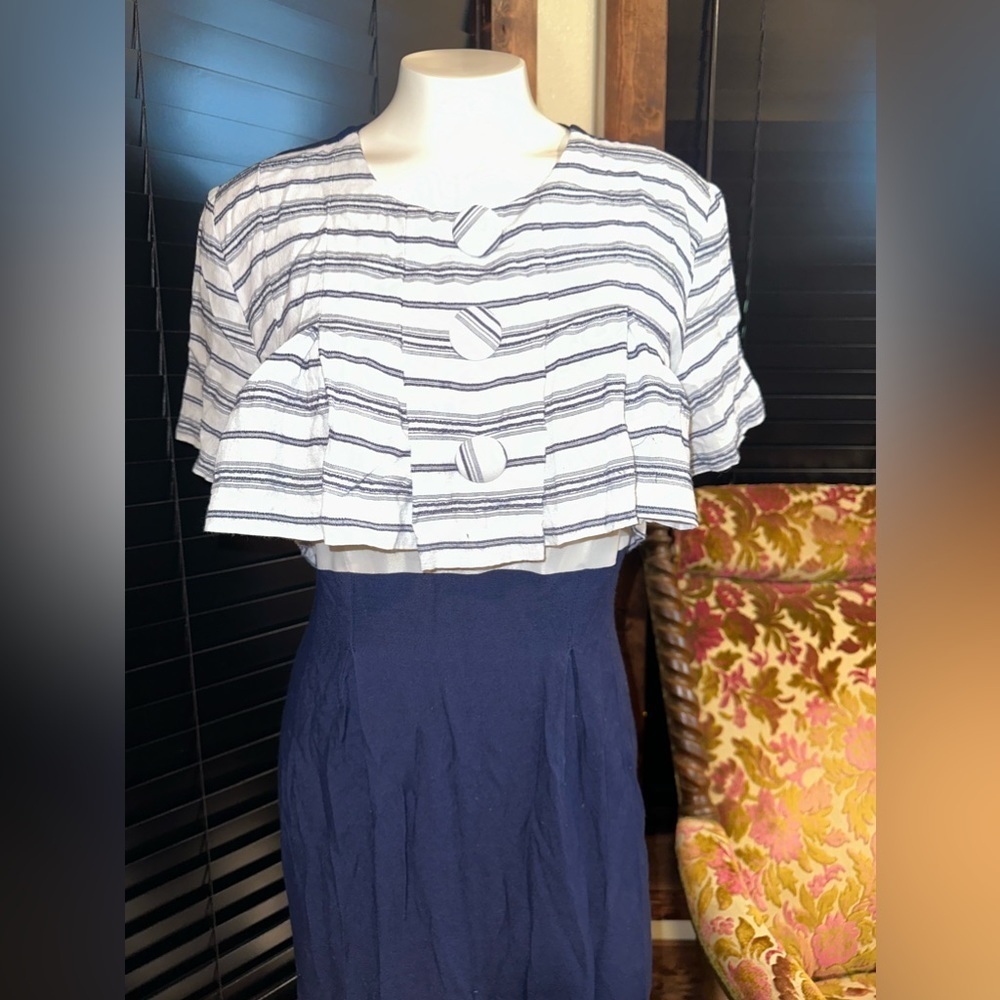 Vintage Brioche Navy and White Striped Pencil Skirt Dress - Picture 3 of 7